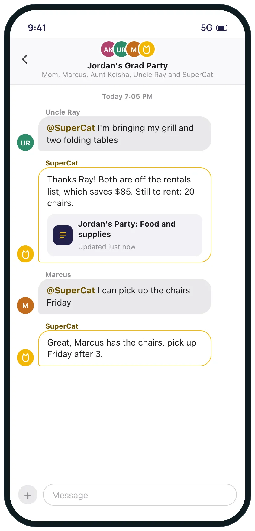 The family group chat: Uncle Ray tags SuperCat to say he is bringing a grill and two tables, and SuperCat takes them off the rentals list and links the updated supplies page.