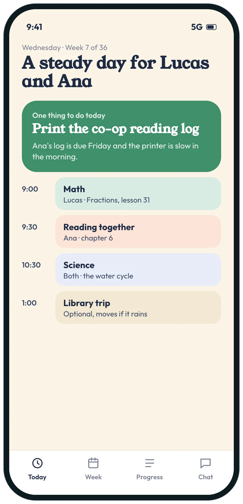 The home screen of a homeschool plan: week 7 of 36, one thing to do today in a green panel, print the co-op reading log, and today's blocks for two children, math, reading, science and a library trip.