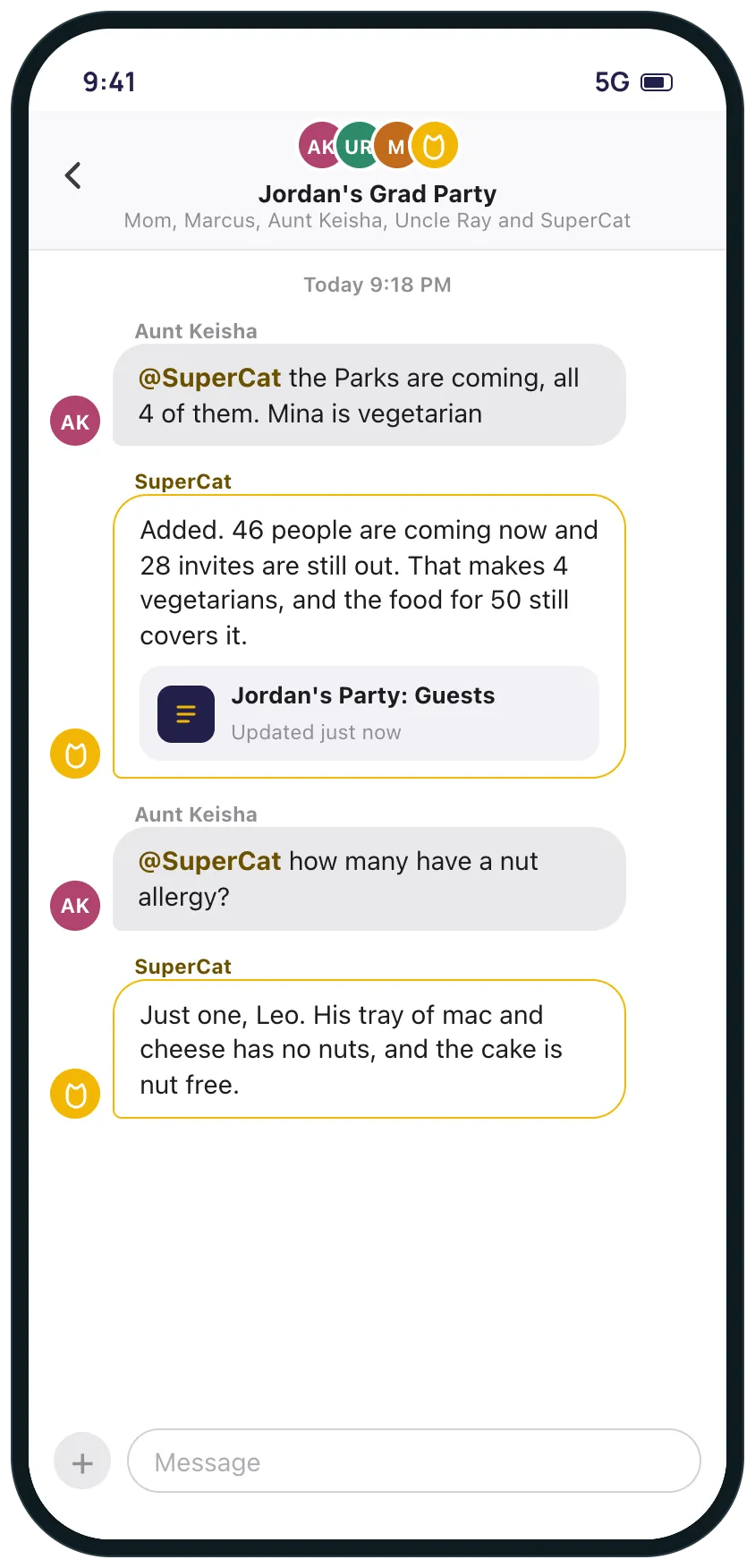 Later in the same chat, Aunt Keisha tells SuperCat a family of four is coming, and SuperCat updates the count to 46 and answers how many have a nut allergy.