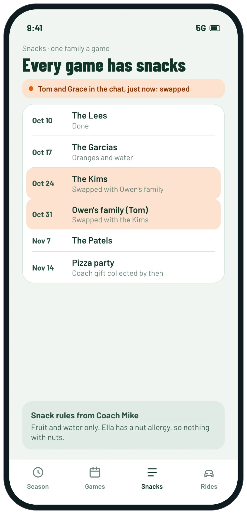 The snack rotation with the two swapped weeks highlighted as just changed in the chat, and the coach's snack rules with a nut allergy.