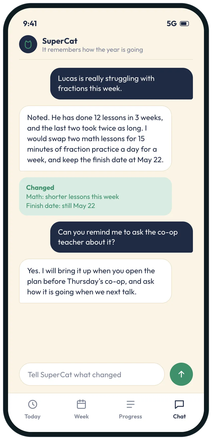 A chat where the parent says their son is struggling with fractions, SuperCat swaps two lessons for short daily practice and keeps the finish date, and offers to bring it up before the co-op.