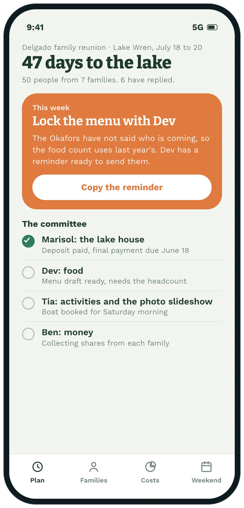 The home screen of the reunion plan: 47 days to the lake, 6 of 7 families replied, one job this week and each committee member's jobs.