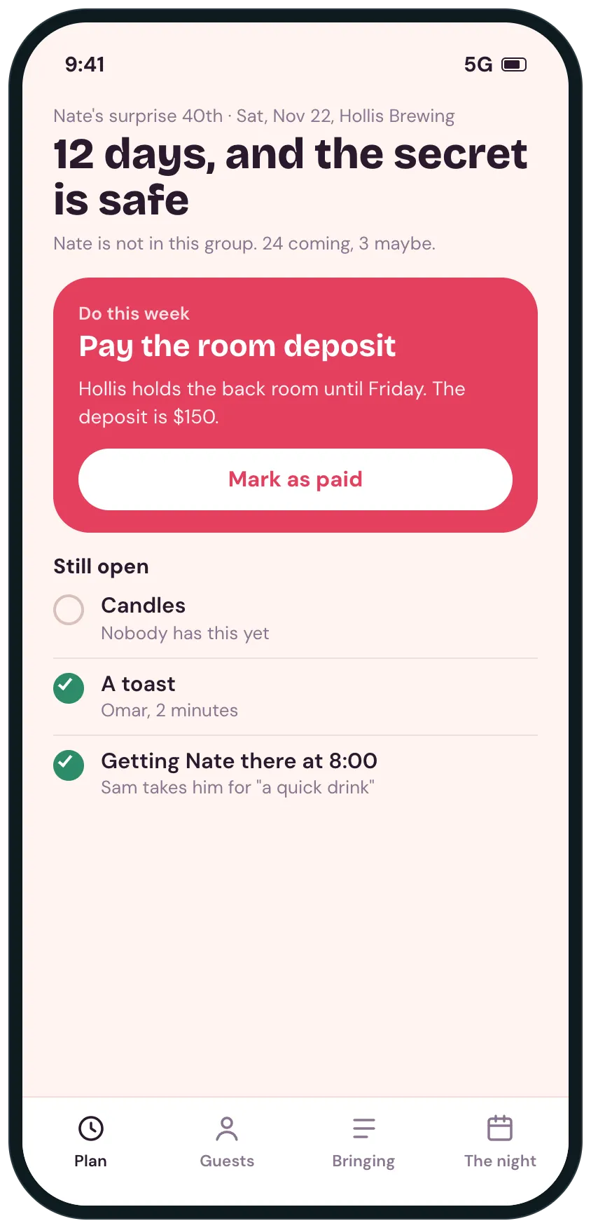 The home screen of the surprise party plan: 12 days to go, 24 coming and 3 maybe, one job this week, pay the room deposit, and what is still open.