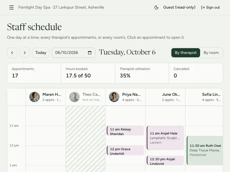 Staff schedule — Fernlight Day Spa
